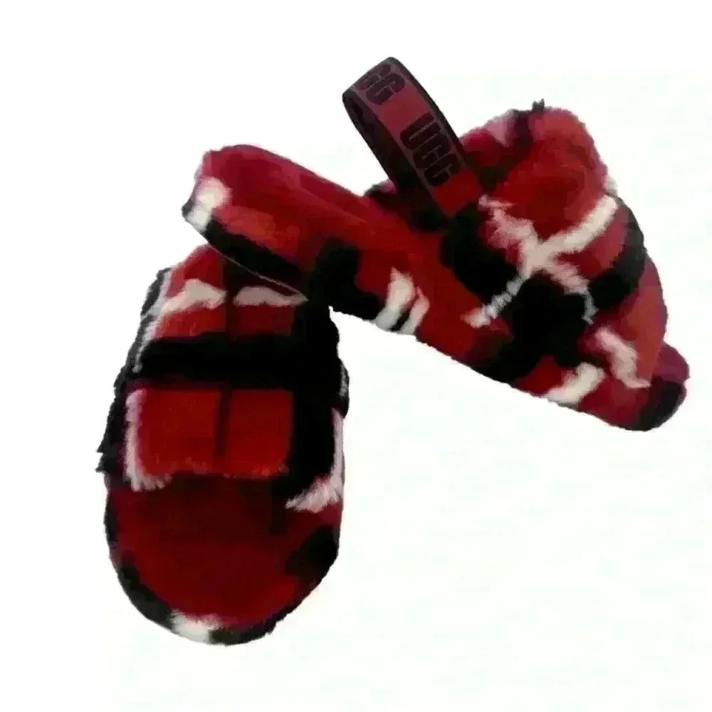 NEW‎ UGG Fluff Yeah Slide Backstrap Slippers Plaid Punk Red Women’s Size 6